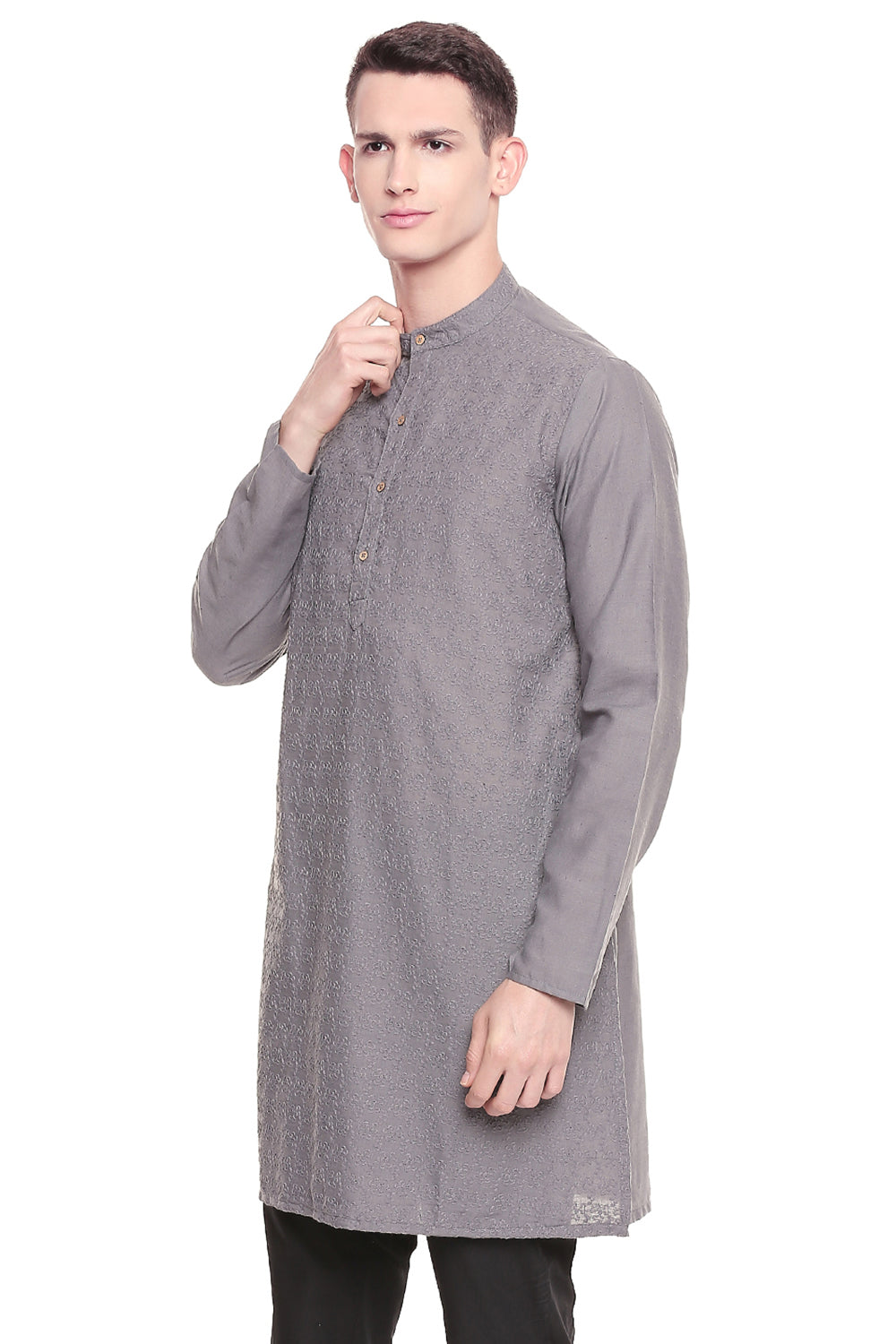 Men's grey hand-embroidered cotton knee-length kurta, side view.