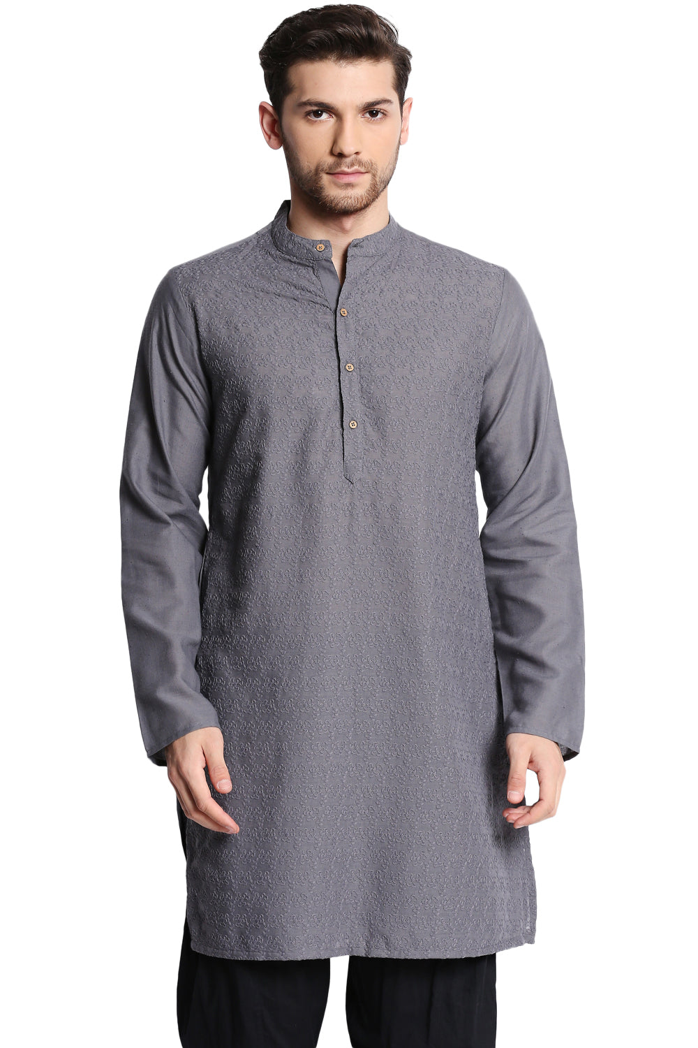 Men's grey hand-embroidered cotton knee-length kurta, styled product view.