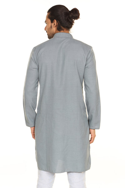Men's grey printed denim mandarin collar knee-length kurta, alternate front view.