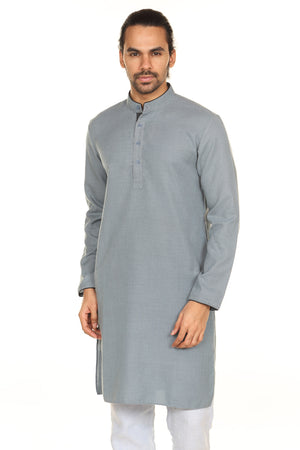 Men's grey printed denim mandarin collar knee-length kurta, front view.