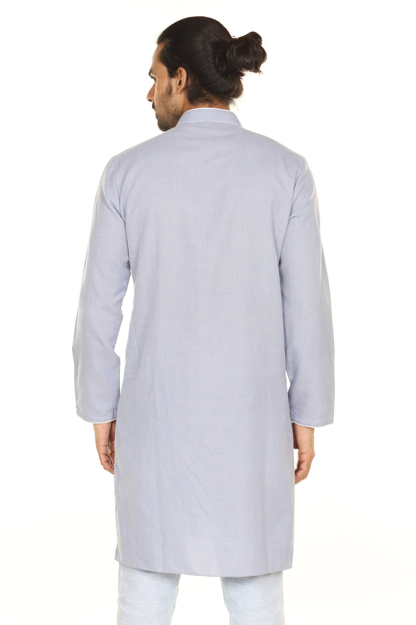 Men's grey printed denim mandarin collar style 2, alternate front view.