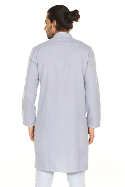 Men's grey printed denim mandarin collar style 2, alternate front view.