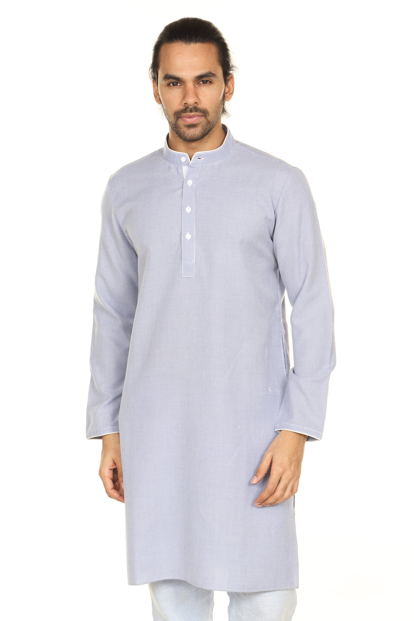 Men's grey printed denim mandarin collar style 2, front view.