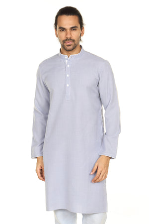 Men's grey printed denim mandarin collar style 2, front view.