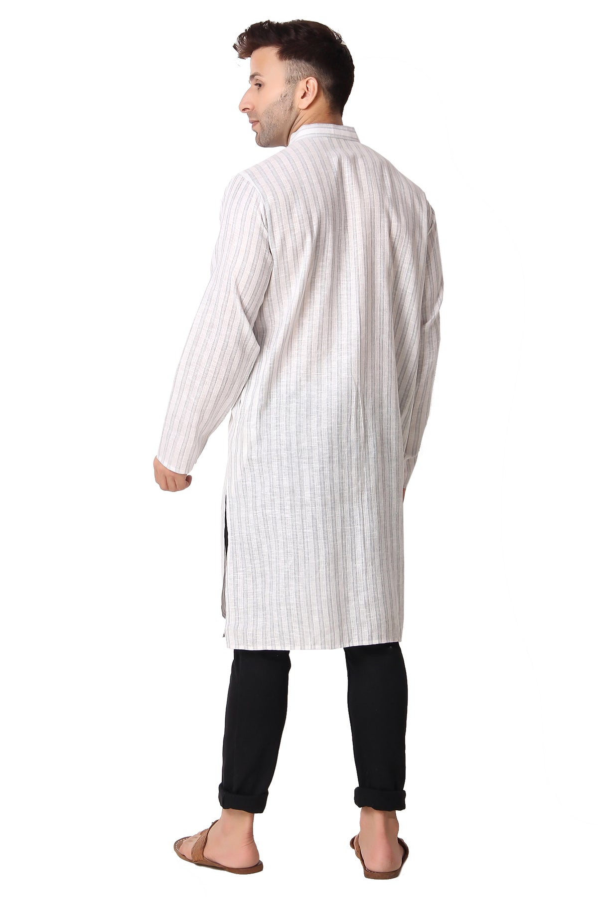 Men's grey striped cotton band collar knee-length kurta, alternate side view.