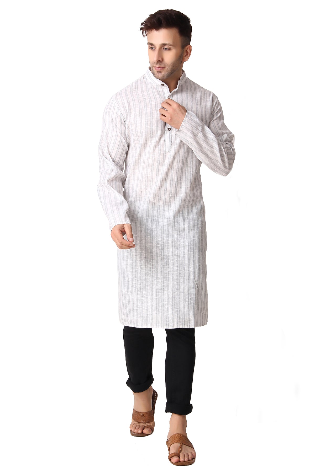 Men's grey striped cotton band collar knee-length kurta, back view.