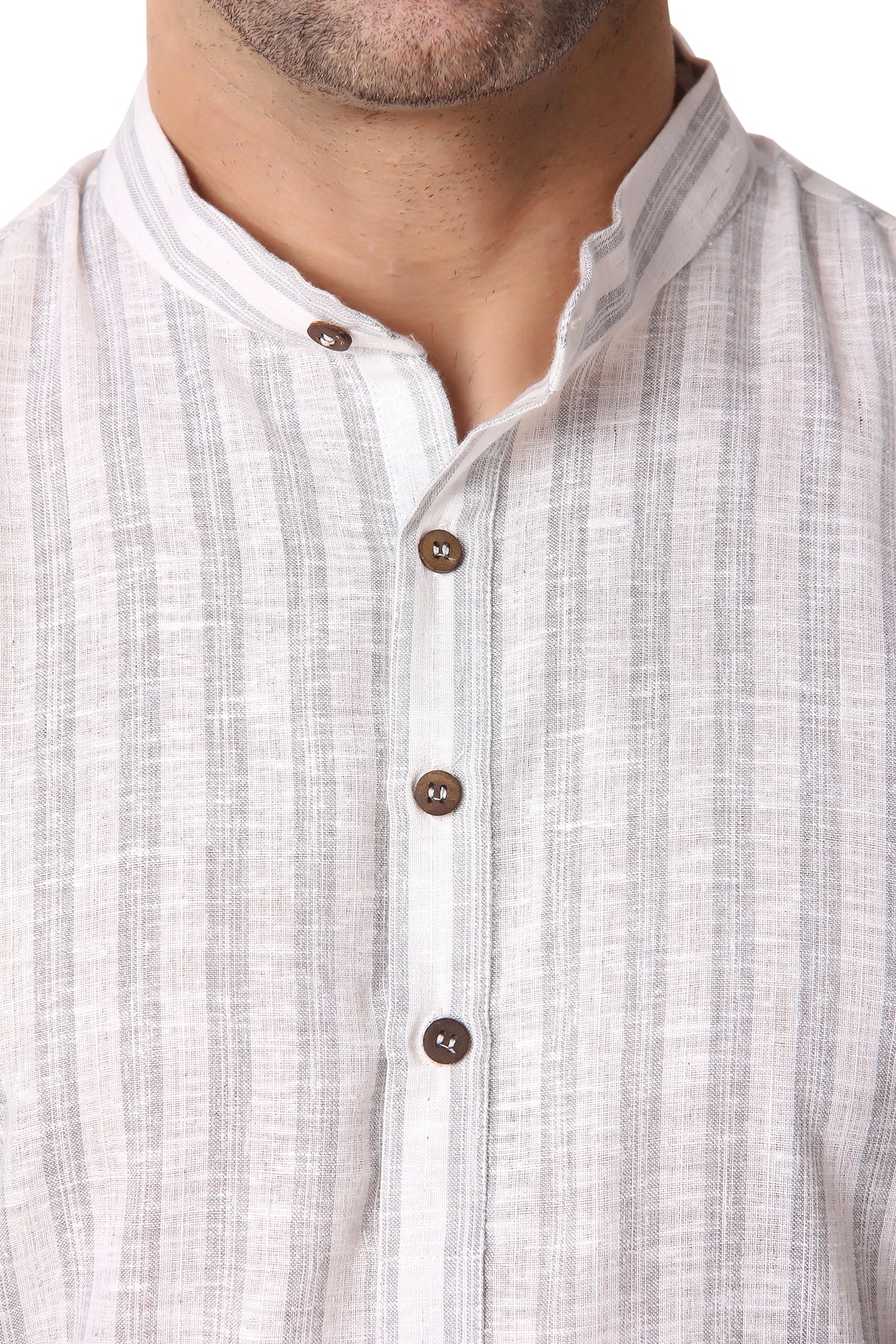 Men's grey striped cotton band collar knee-length kurta, close-up detail.