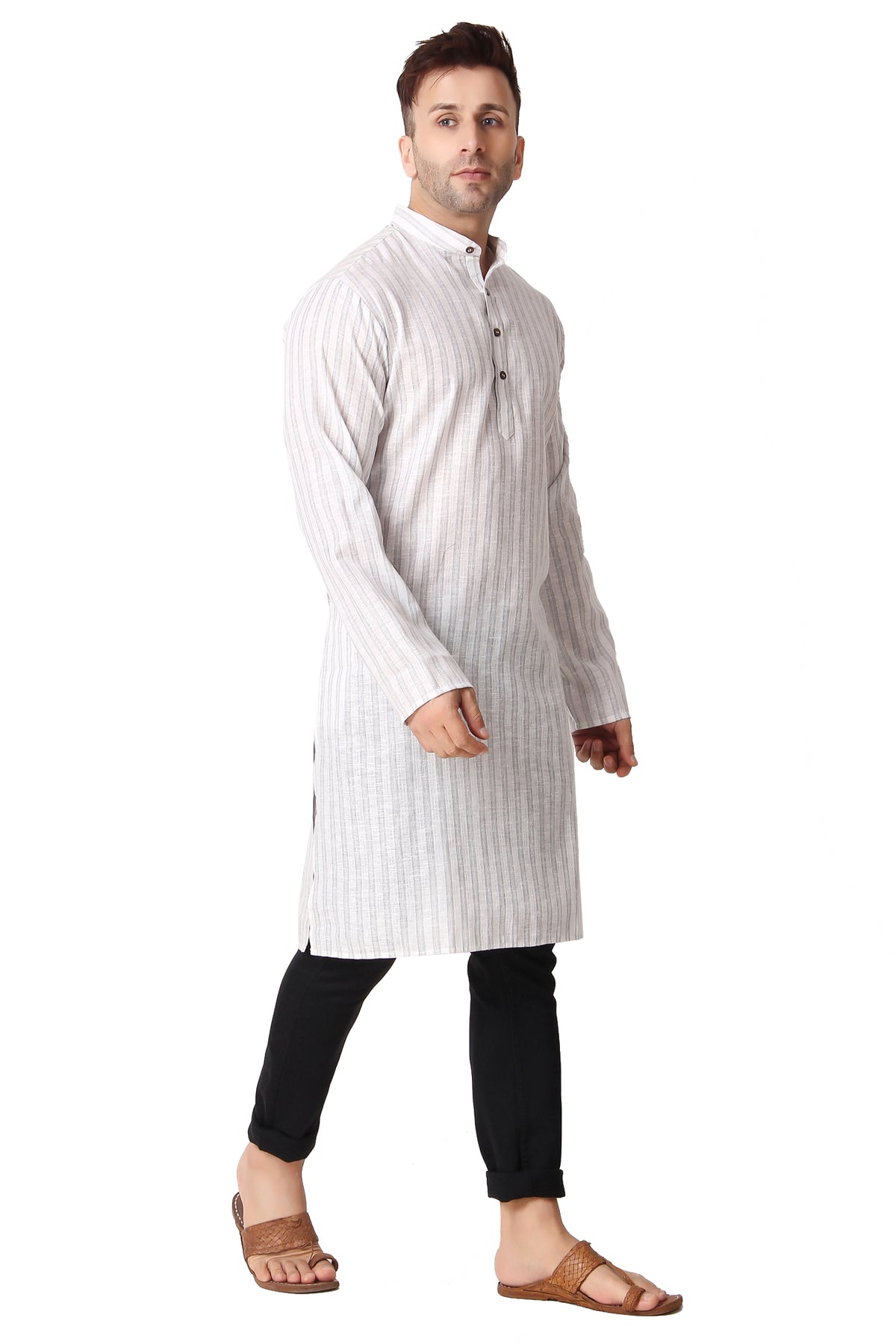 Men's grey striped cotton band collar knee-length kurta, front view.