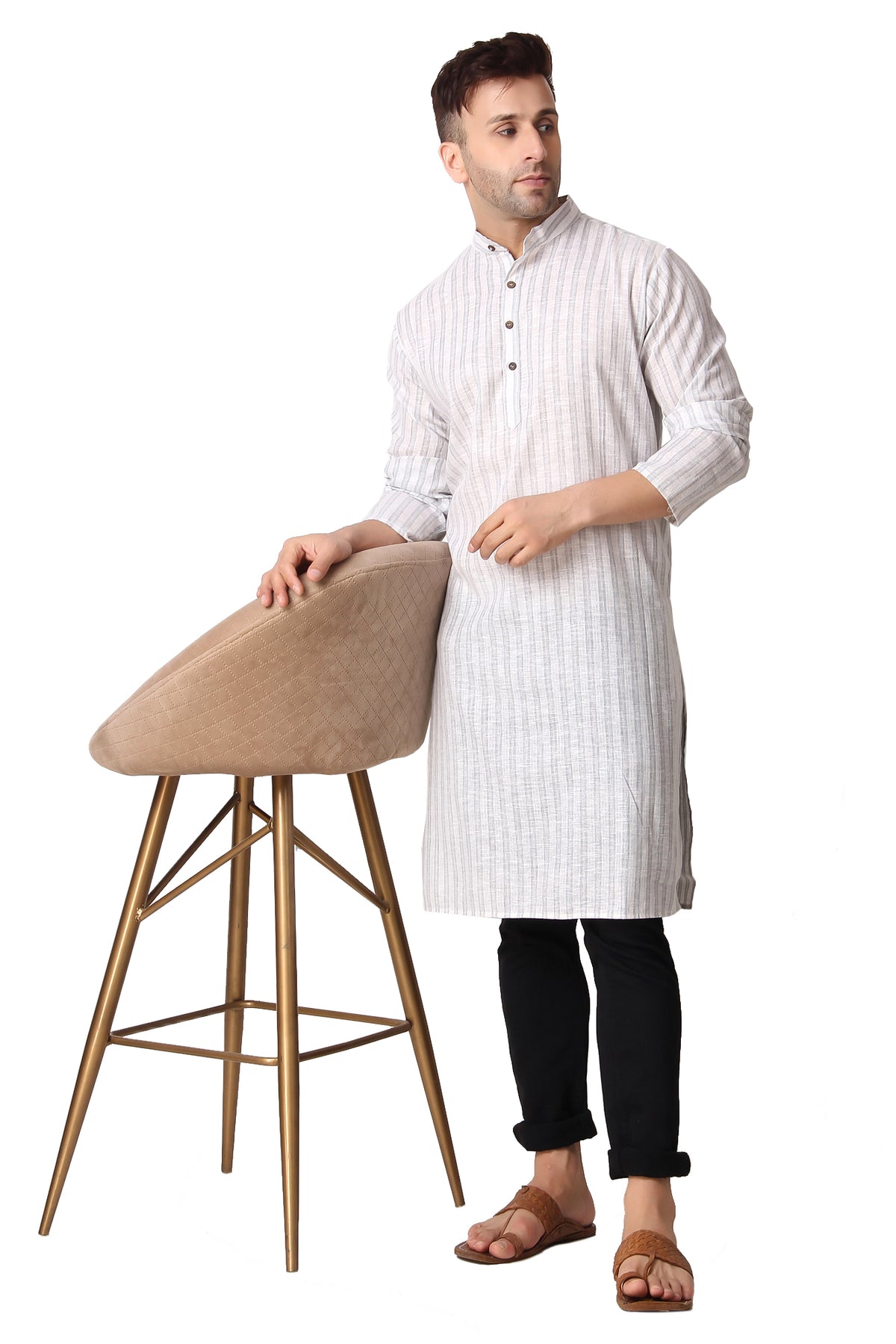 Men's grey striped cotton band collar knee-length kurta, side view.