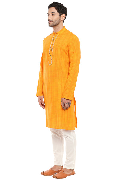 Men's hand-embroidered cotton knee-length kurta, alternate front view.