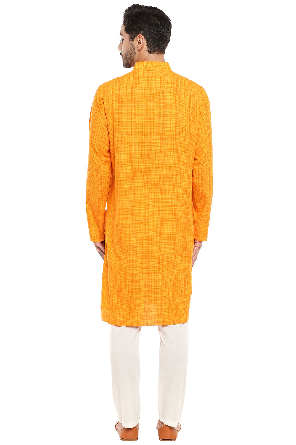 Men's hand-embroidered cotton knee-length kurta, alternate side view.