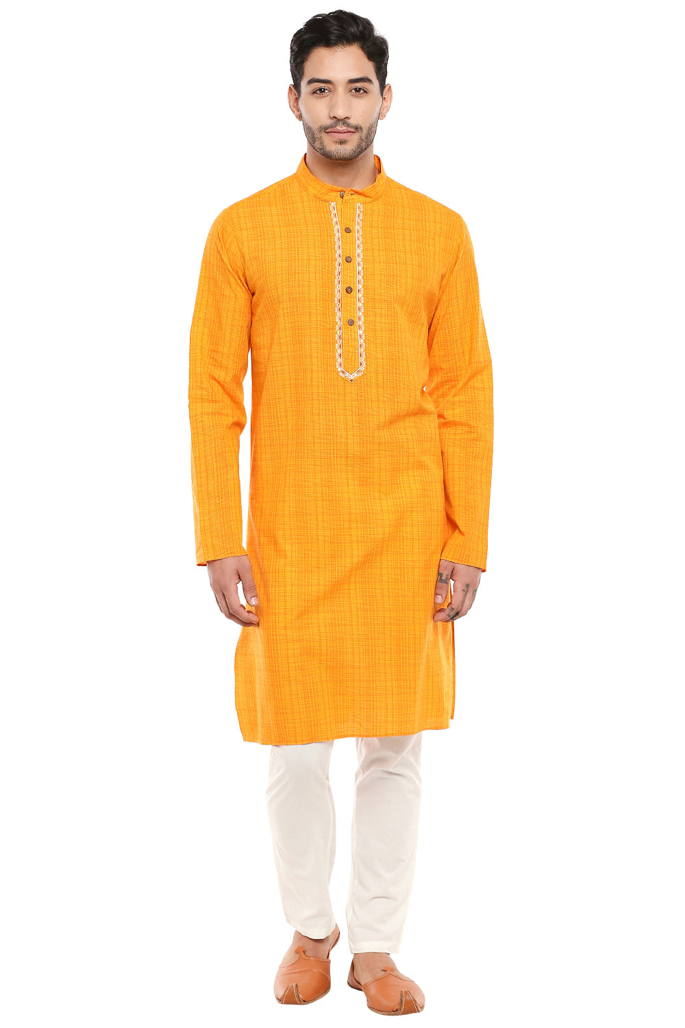 Men's hand-embroidered cotton knee-length kurta, back view.