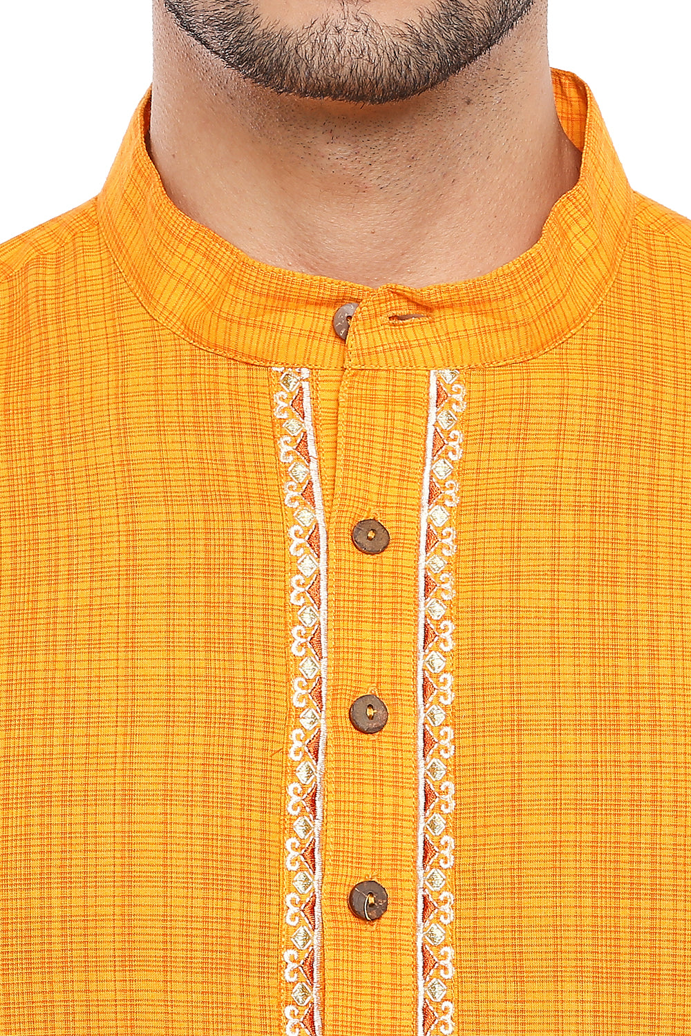 Men's hand-embroidered cotton knee-length kurta, close-up detail.