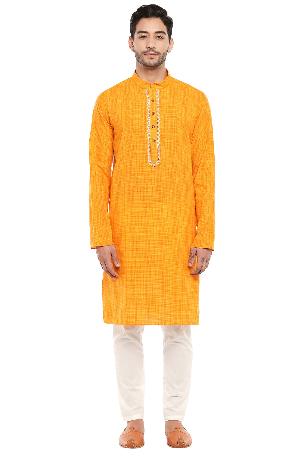 Men's hand-embroidered cotton knee-length kurta, front view.