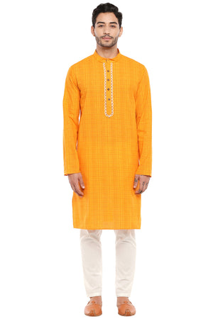 Men's hand-embroidered cotton knee-length kurta, front view.
