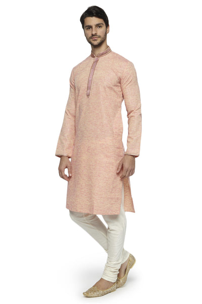 Men's hand-embroidered polyester knee-length kurta, alternate front view.