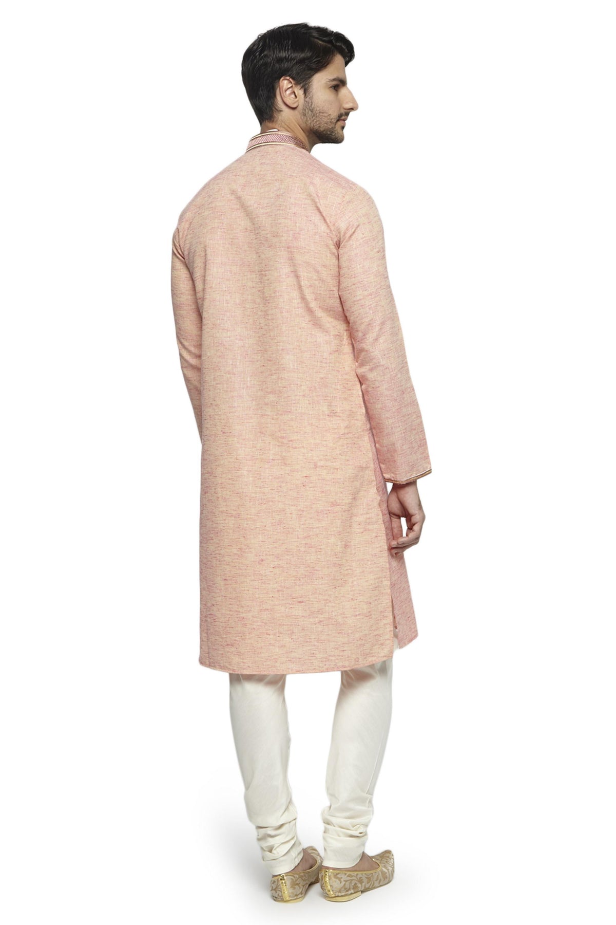 Men's hand-embroidered polyester knee-length kurta, alternate side view.