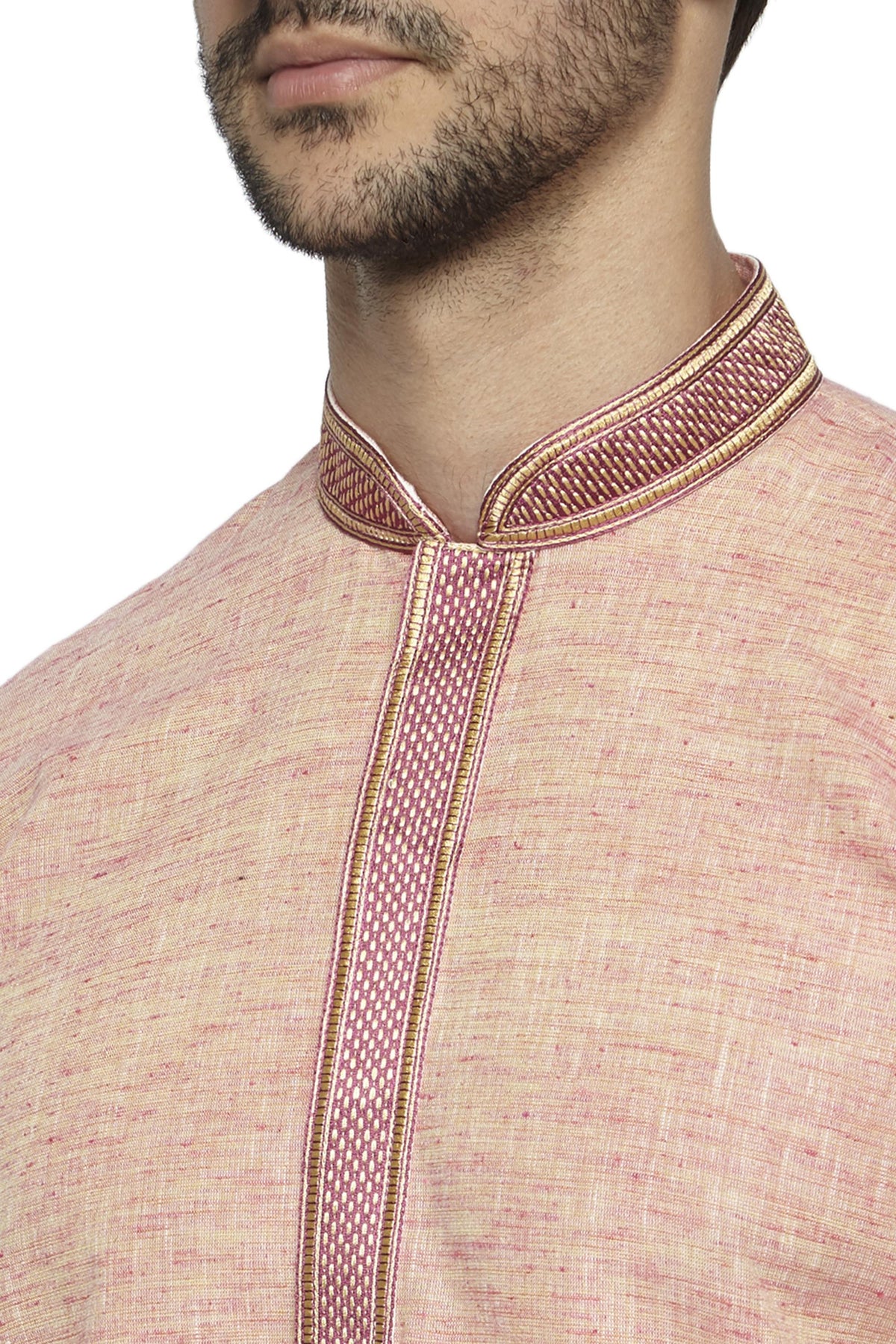 Men's hand-embroidered polyester knee-length kurta, back view.