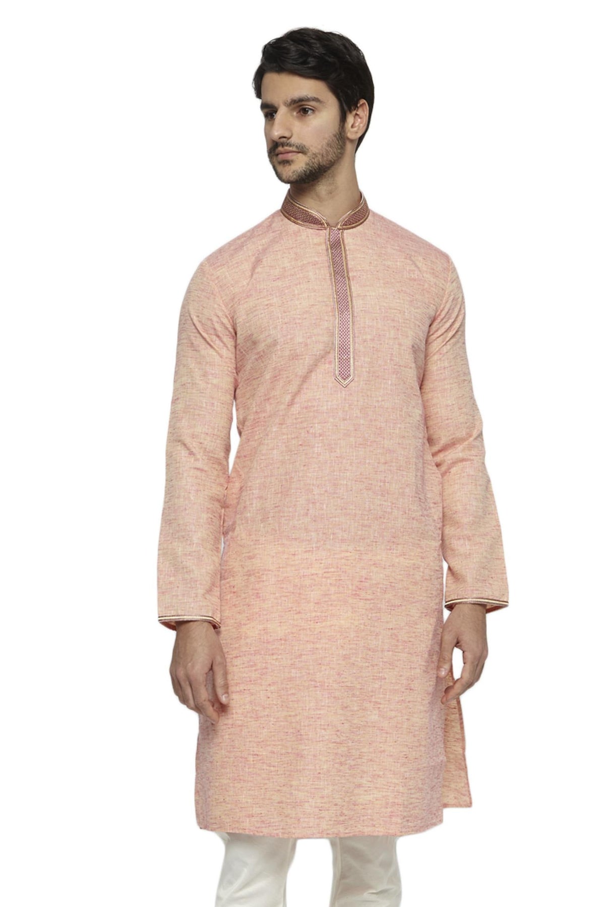 Men's hand-embroidered polyester knee-length kurta, front view.