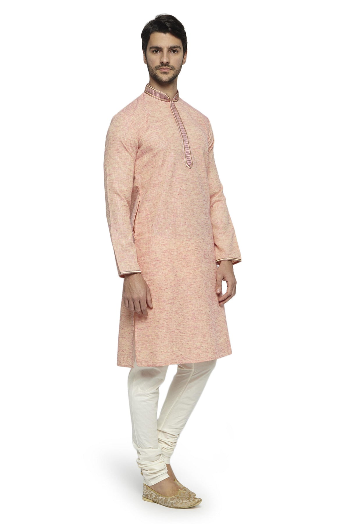 Men's hand-embroidered polyester knee-length kurta, side view.