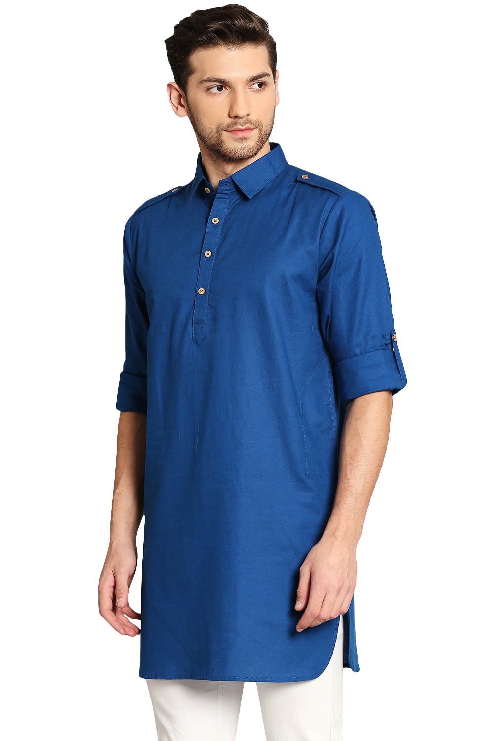 Product image 2 of men's ink blue cotton Pathani roll-up sleeve kurta tunic with shoulder strap, suitable for wedding guest outfits.