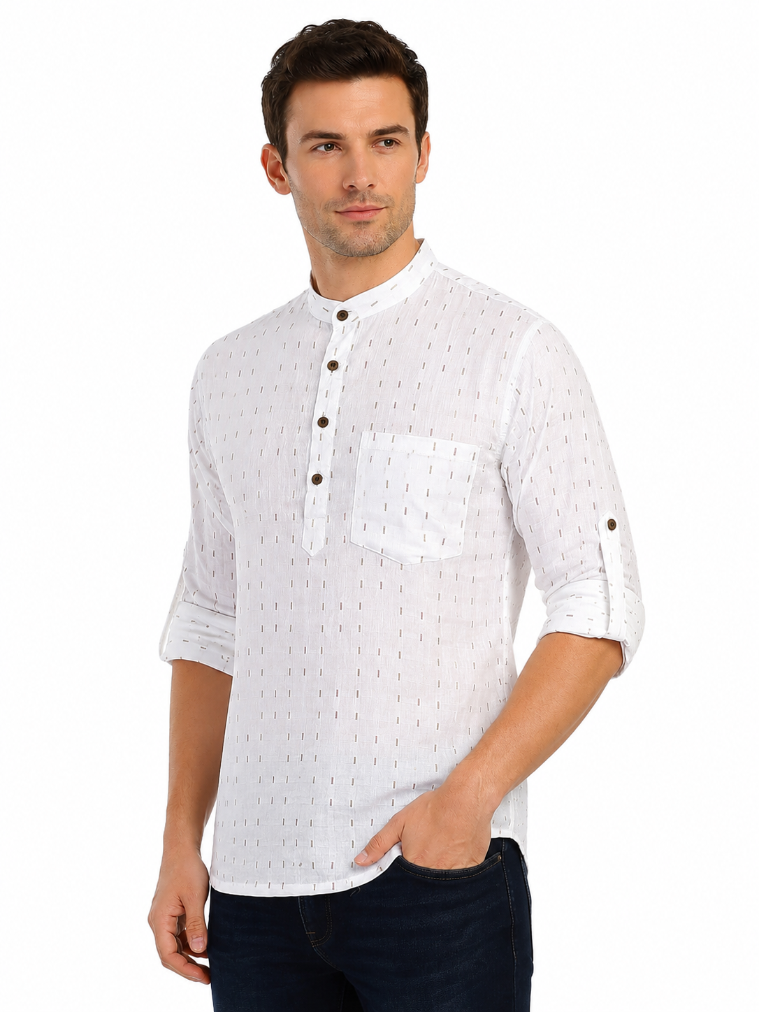 Back view of In-Sattva men's ivory white printed cotton hip-length kurta tunic