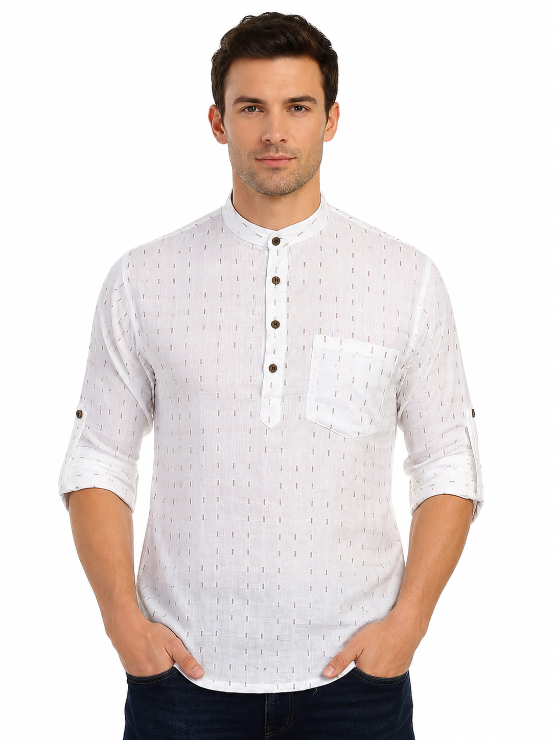 Front view of In-Sattva men's ivory white printed cotton hip-length kurta tunic