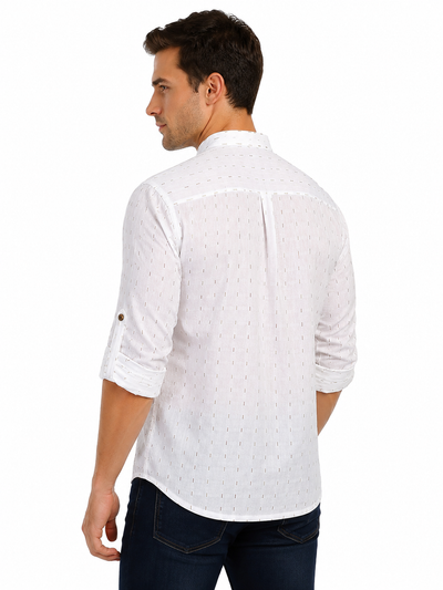 Side view of In-Sattva men's ivory white printed cotton hip-length kurta tunic