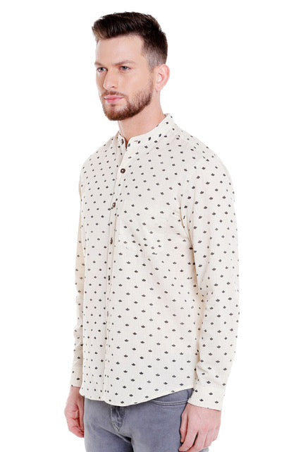Alternate side view of Shatranj men's Indian leaf-print cotton hip-length kurta shirt