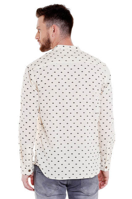Back view of Shatranj men's Indian leaf-print cotton hip-length kurta shirt