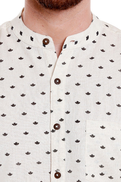Close-up detail of Shatranj men's Indian leaf-print cotton hip-length kurta shirt