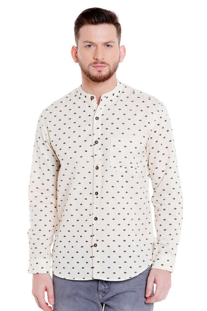 Front view of Shatranj men's Indian leaf-print cotton hip-length kurta shirt