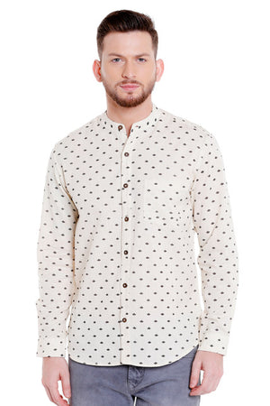 Front view of Shatranj men's Indian leaf-print cotton hip-length kurta shirt