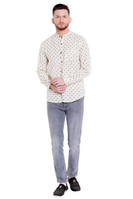 Full front view of Shatranj men's Indian leaf-print cotton hip-length kurta shirt