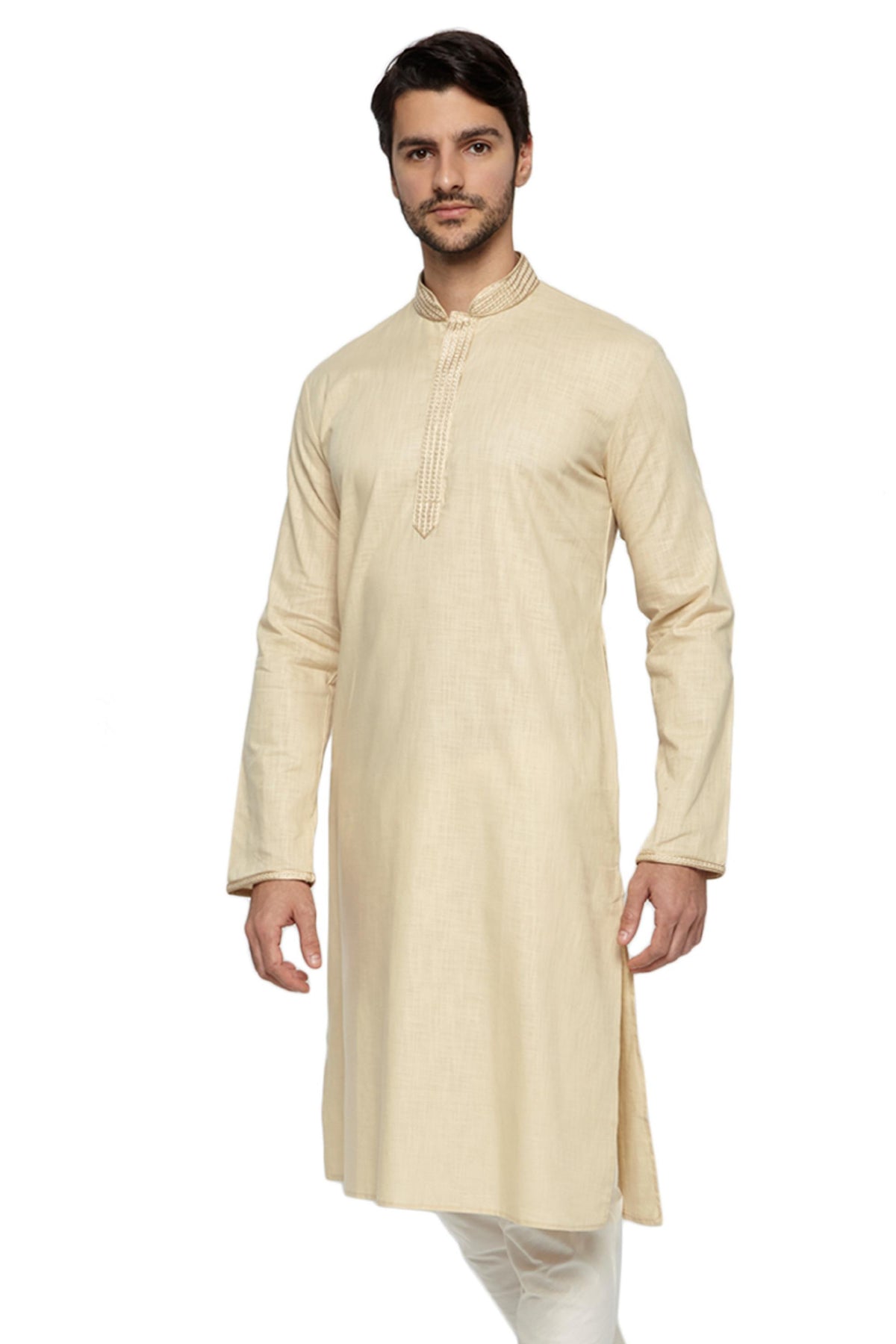 Men's light beige knee-length kurta, alternate front view.