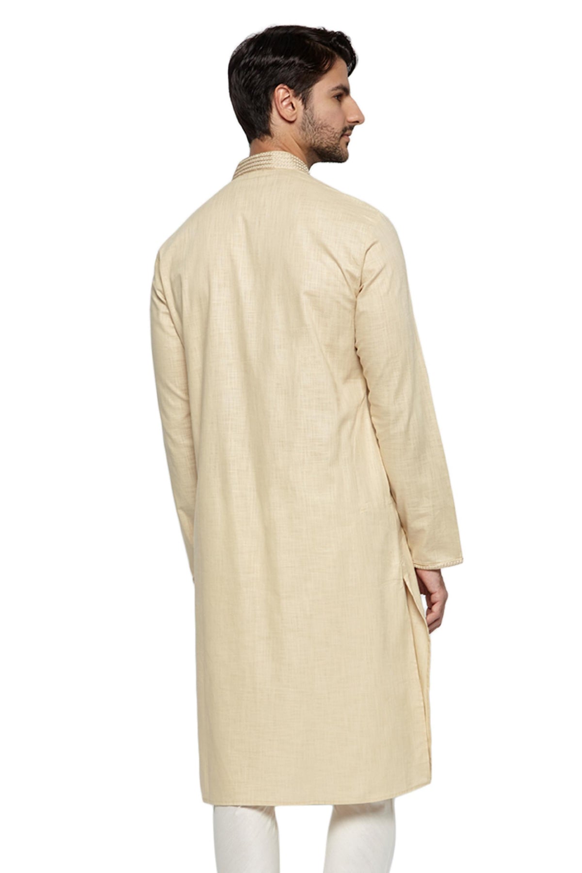Men's light beige knee-length kurta, alternate side view.