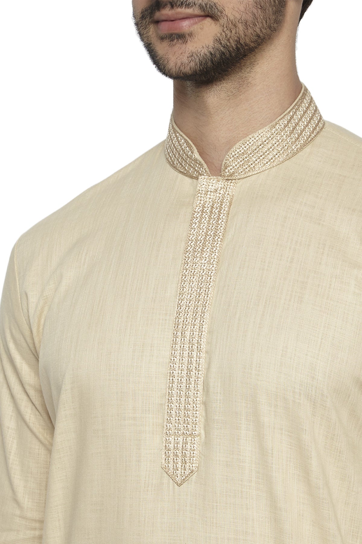 Men's light beige knee-length kurta, back view.