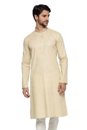 Men's light beige knee-length kurta, front view.