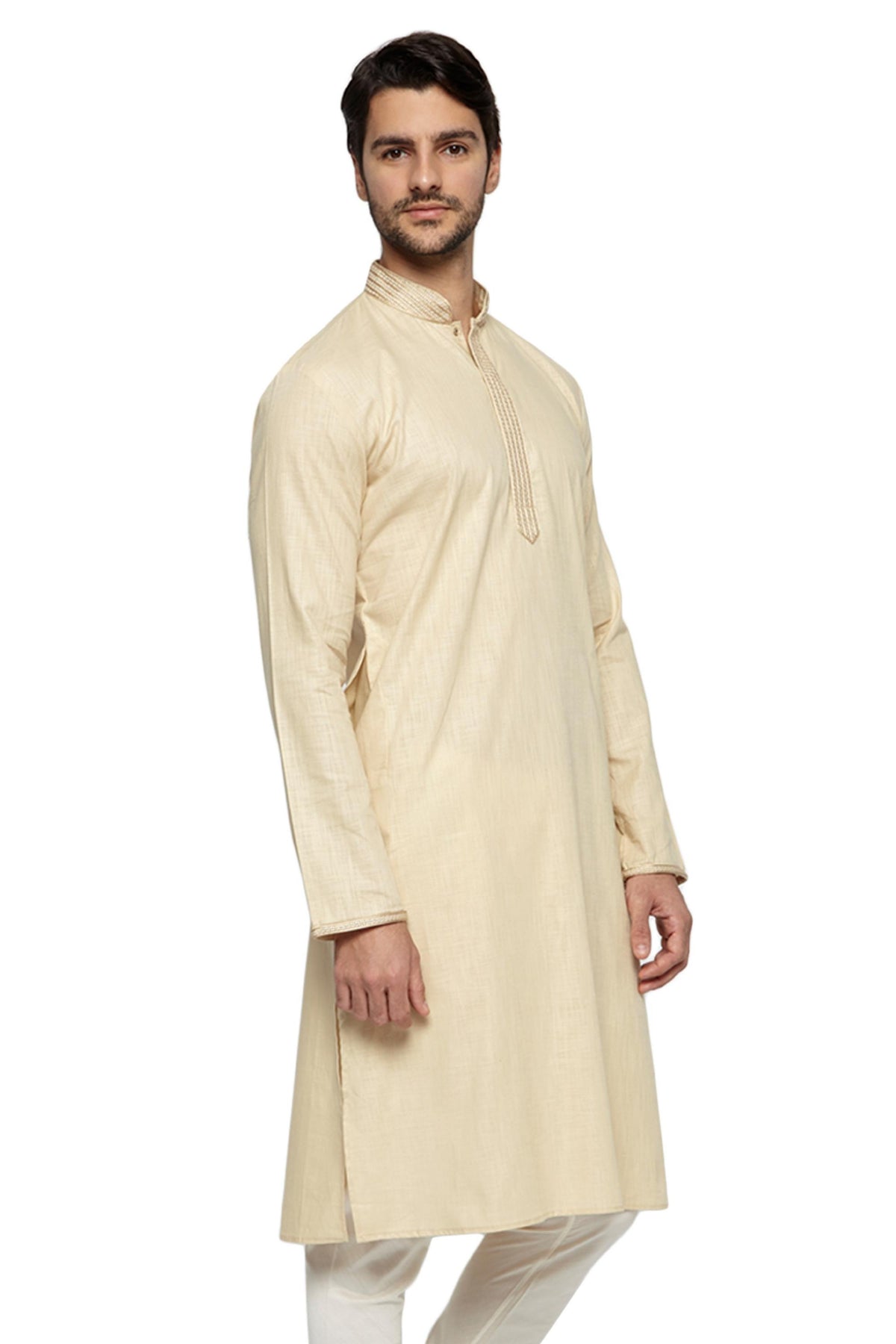 Men's light beige knee-length kurta, side view.