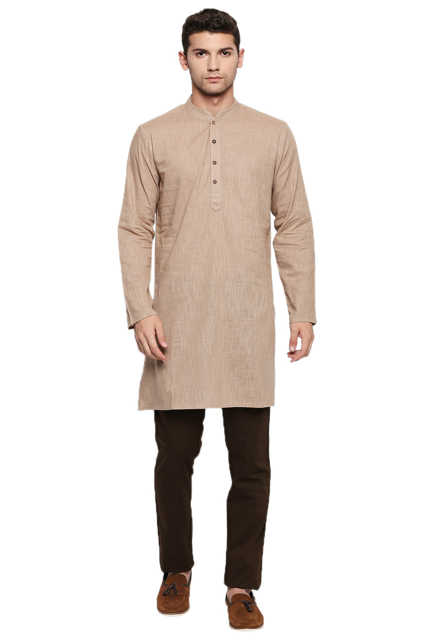 Men's light beige textured cotton knee-length kurta, alternate front view.