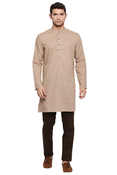 Men's light beige textured cotton knee-length kurta, alternate front view.
