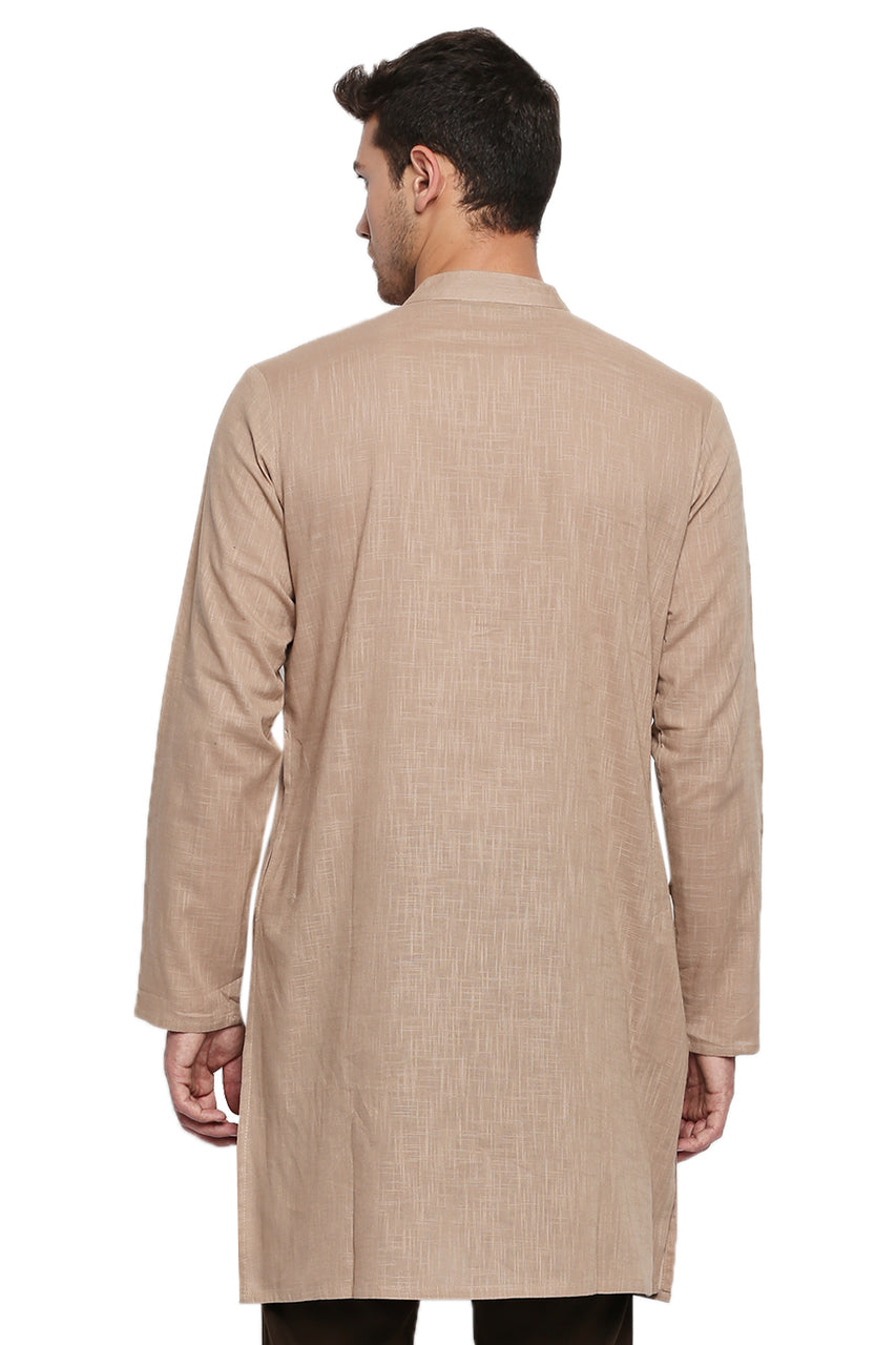 Men's light beige textured cotton knee-length kurta, alternate side view.