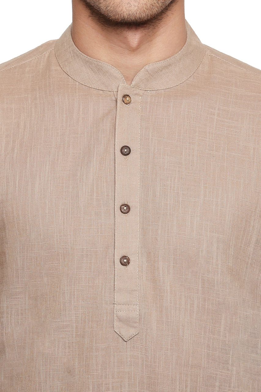 Men's light beige textured cotton knee-length kurta, back view.