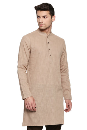 Men's light beige textured cotton knee-length kurta, front view.
