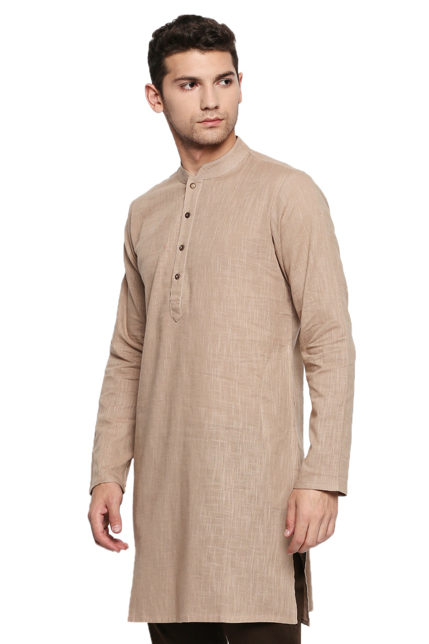 Men's light beige textured cotton knee-length kurta, side view.