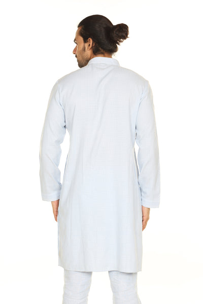 Men's light blue printed denim knee-length kurta, alternate front view.