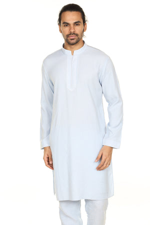 Men's light blue printed denim knee-length kurta, front view.