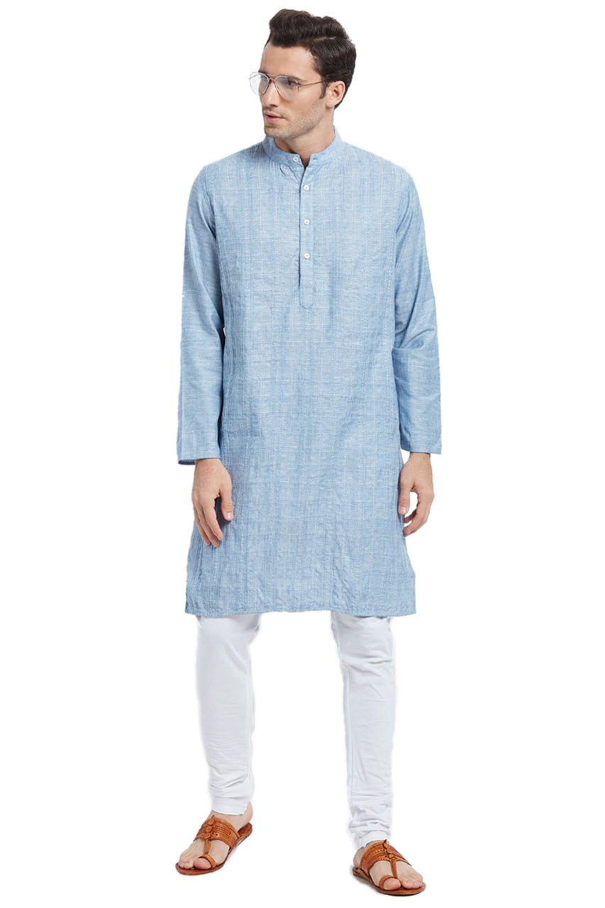 Men's light blue textured cotton blend knee-length kurta, alternate front view.