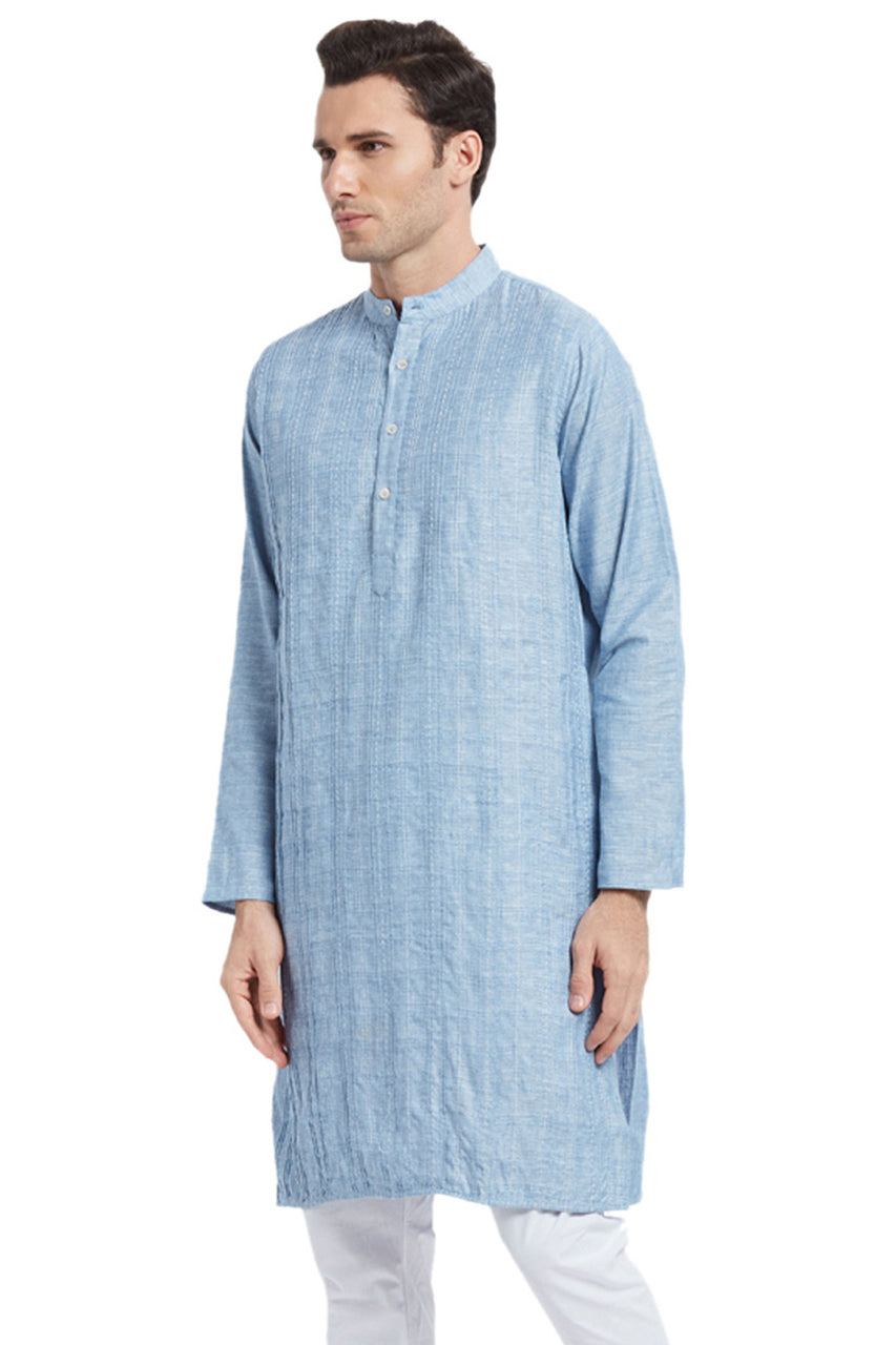 Men's light blue textured cotton blend knee-length kurta, alternate side view.