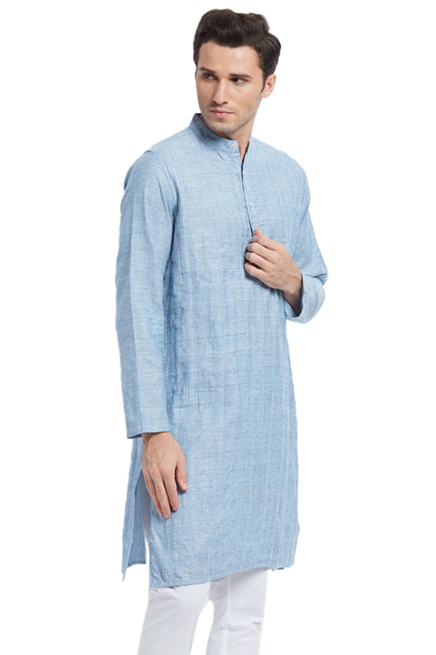 Men's light blue textured cotton blend knee-length kurta, back view.